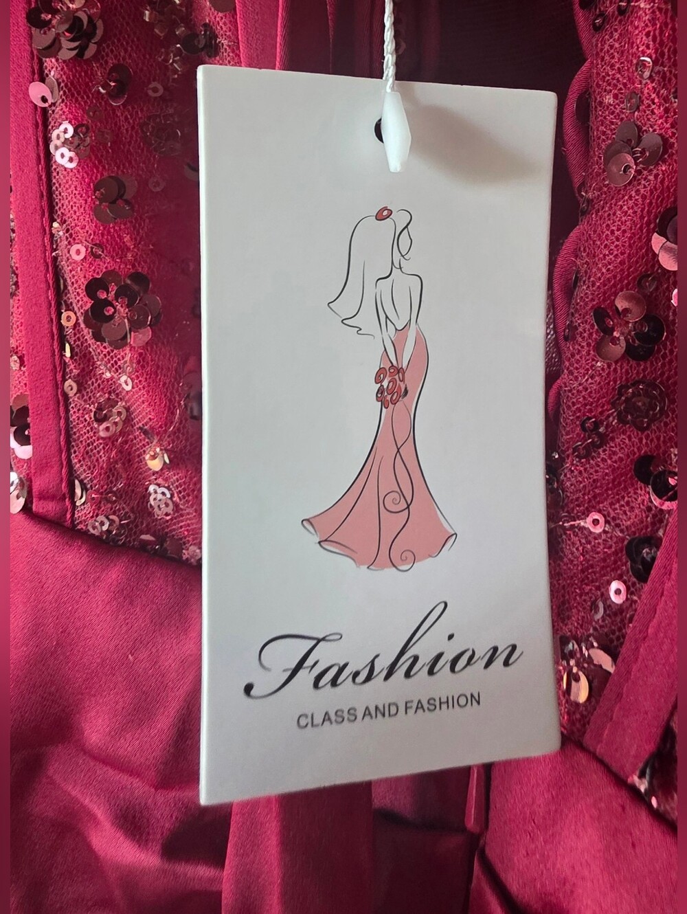 Elegant Burgundy Sequin Draped Prom Gown - Picture 3 of 7
